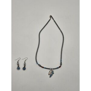 Native beaded Necklace & Eagle pendant & Earrings Set, silver, black turquoise